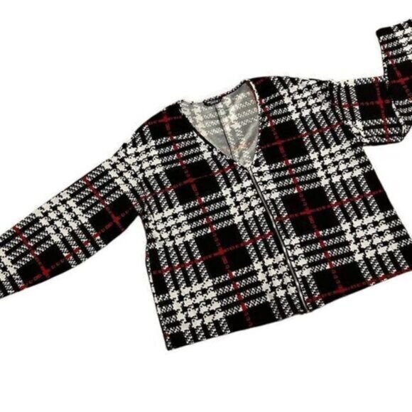 Shein Sz XL Black red and white plaid zip up popover top zip Jacket holiday Work - Picture 2 of 10